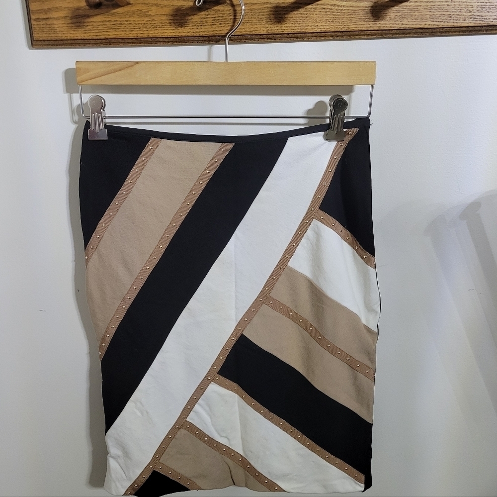 WHBM Studded Color Block Skirt, Size 0, Black, White, Tan